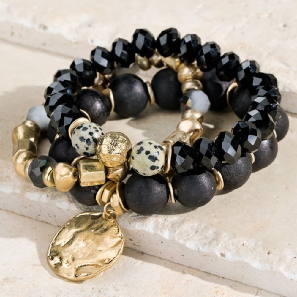 SOLD OUT Black Gold Coin Mixed Bead Charm Stretch Triple Bracelet Set - Picture 1 of 1
